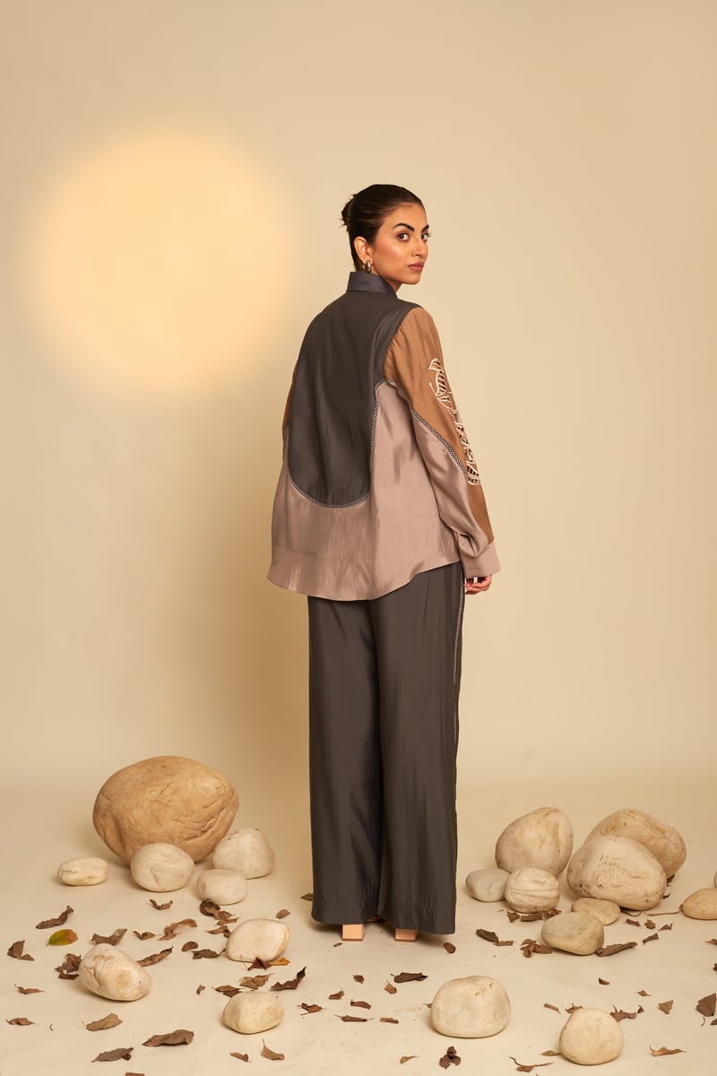 Neutral Colorblock Shirt and Wide-Leg Pants Co-ord Set