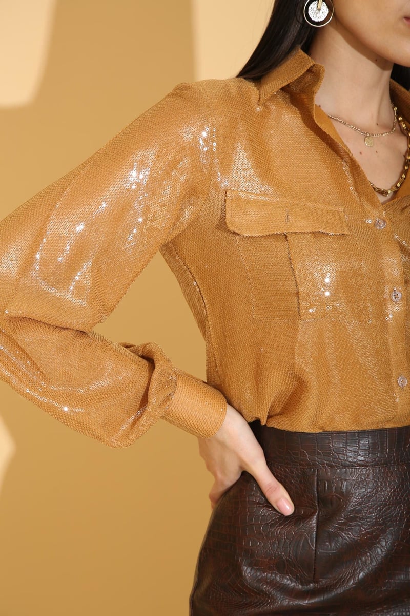 Burnt Gold Sequin Button-Down Shirt with Balloon Sleeves