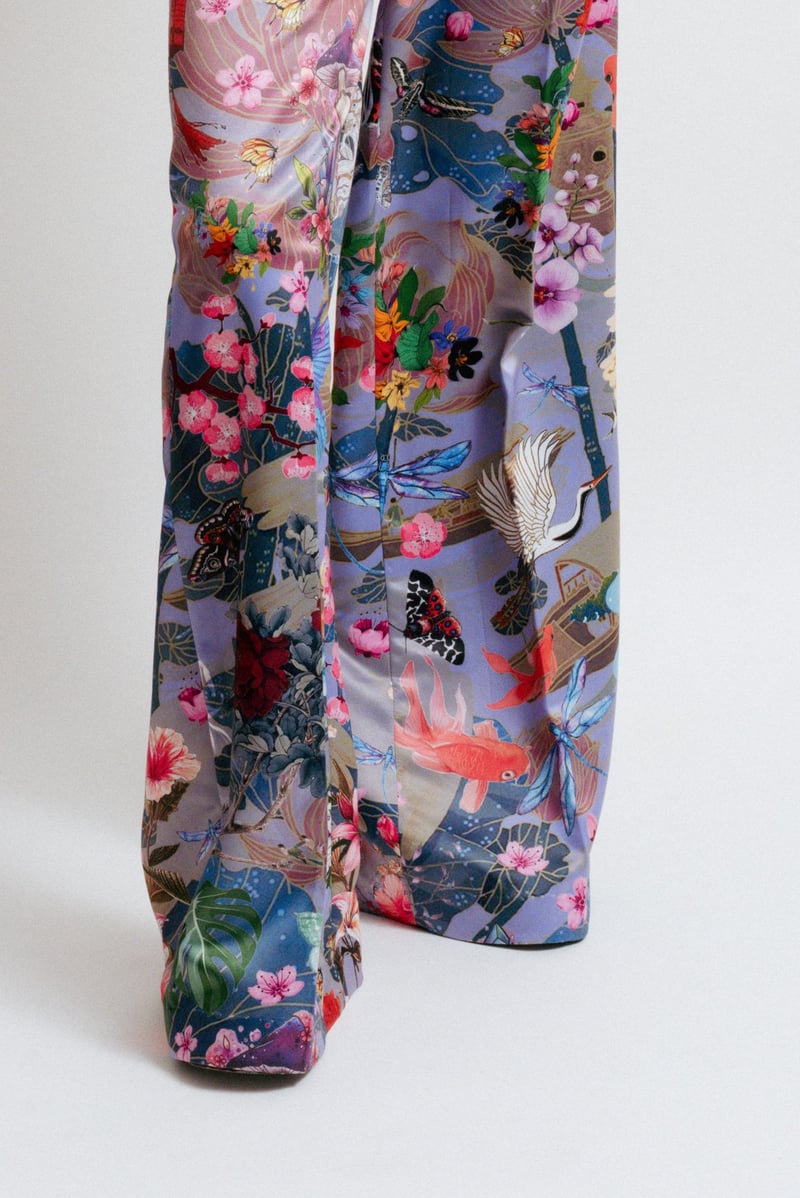 Multicolor Digital Print Wide-Leg Satin Trousers