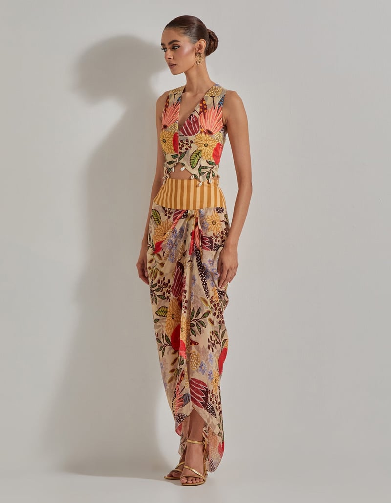 Beige Printed Waistcoat and Draped Maxi Skirt Co-ord