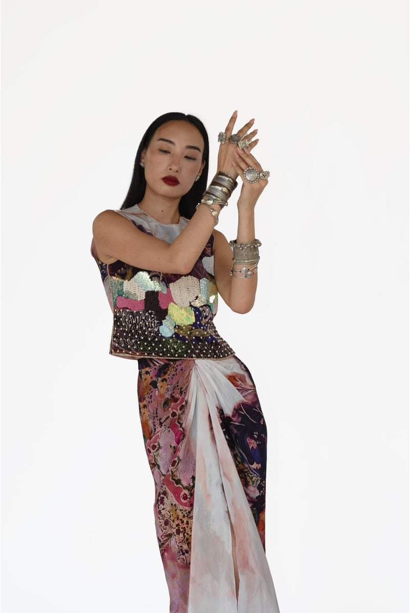 Rose Pink Printed Blouse and Draped Maxi Skirt Co-ord Set