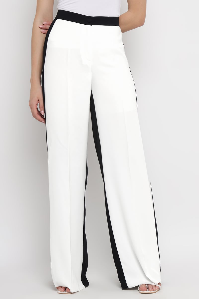 White/Black High-Rise Wide-Leg Colorblock Trousers