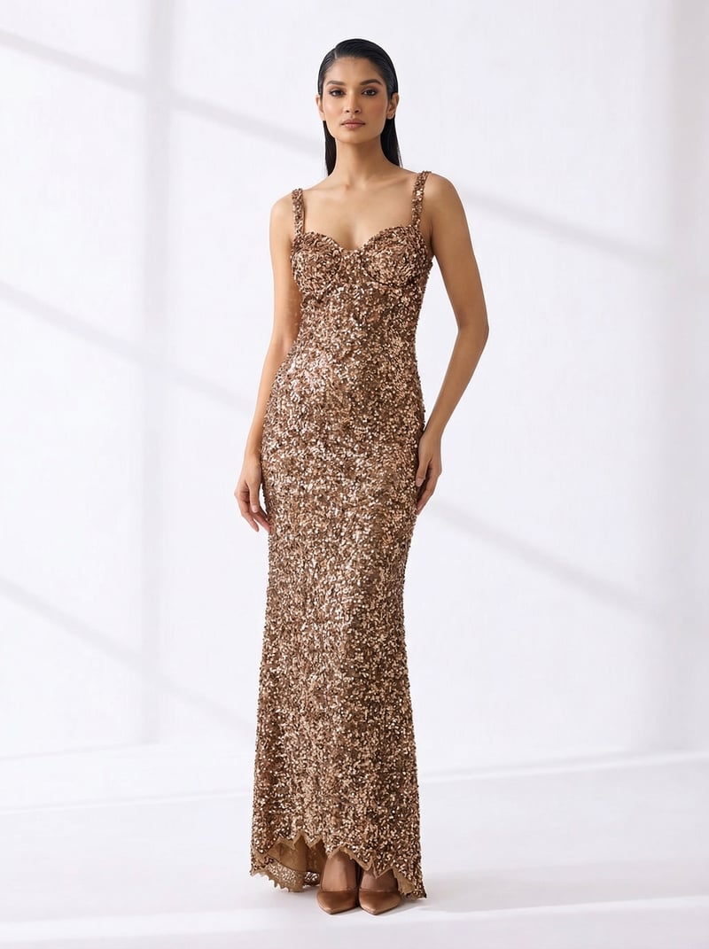 Copper Sequin Sweetheart Neck Maxi Gown — EXPLOSION