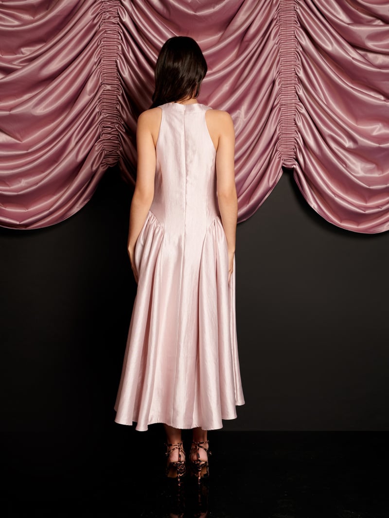 Pale Pink Taffeta Fit and Flare Midi Dress with Rosette