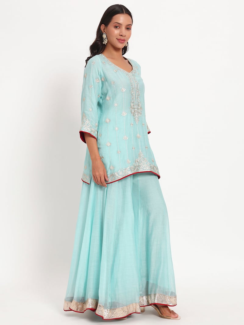 Aqua Mal Chanderi Embroidered Kurta Sharara Set