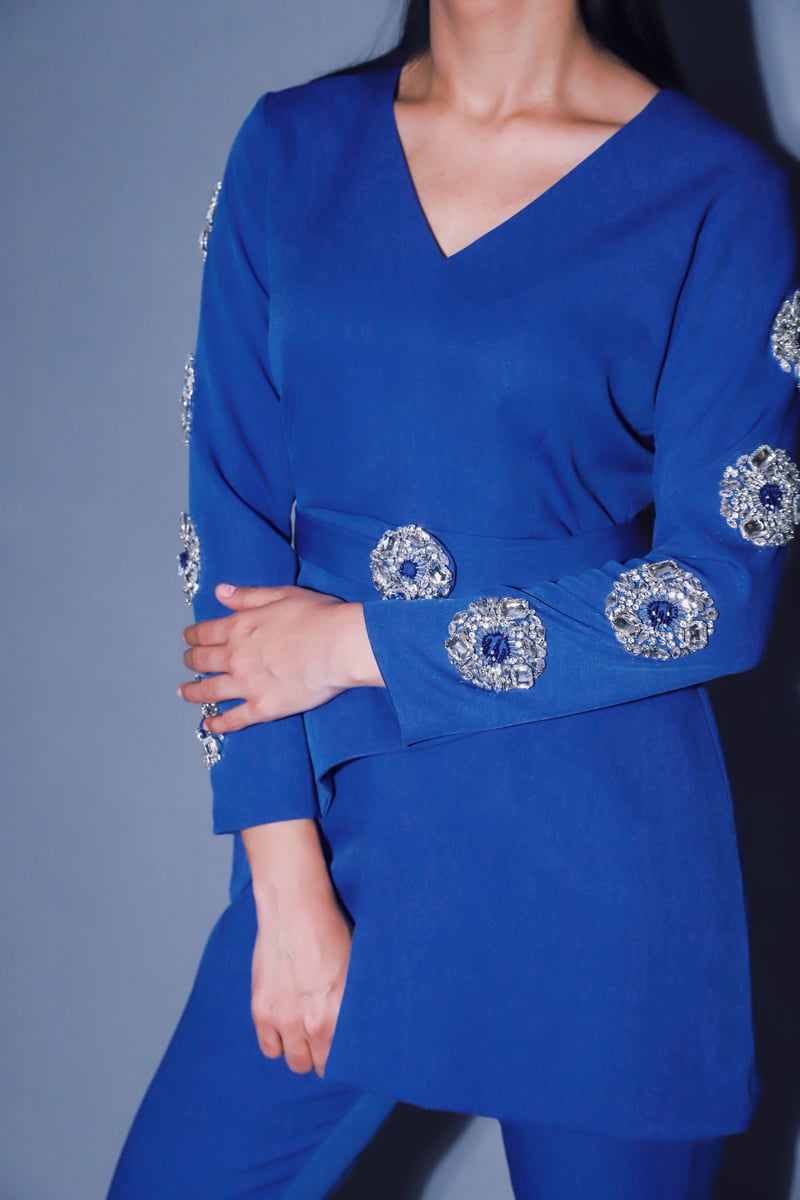 Blue Asymmetrical Top and Straight Pants Co-ord Set