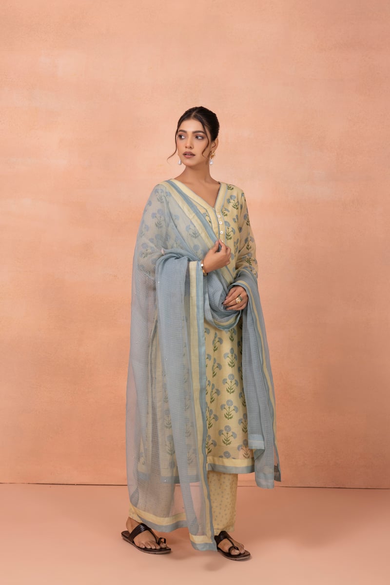 Yellow Floral Printed Straight Kurta Set with Dupatta