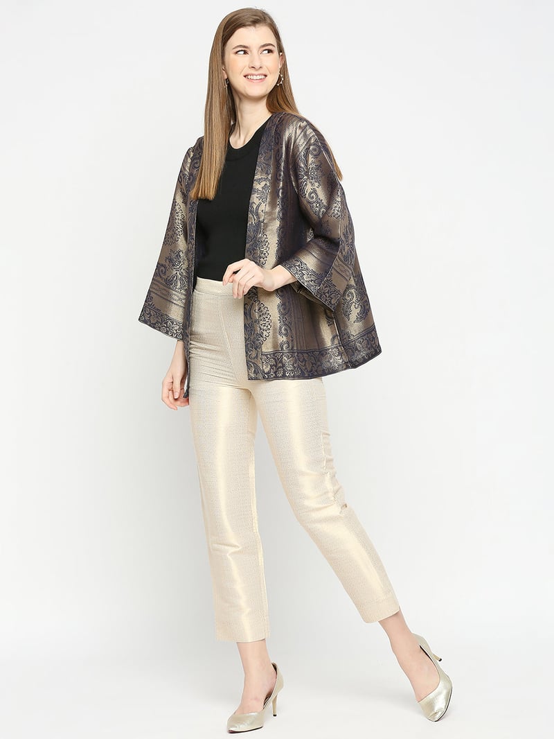 Navy Blue Metallic Brocade Kimono Jacket