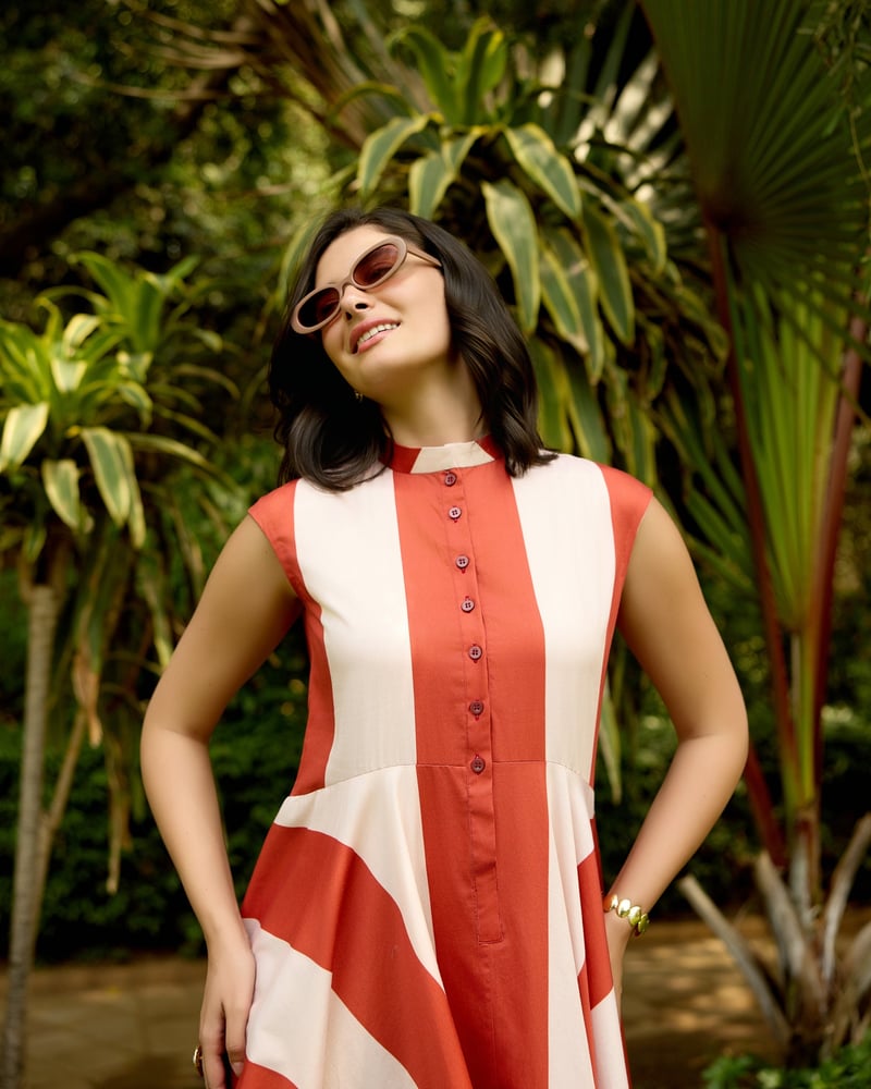 Maroon/White Colorblock Fit and Flare Midi Dress