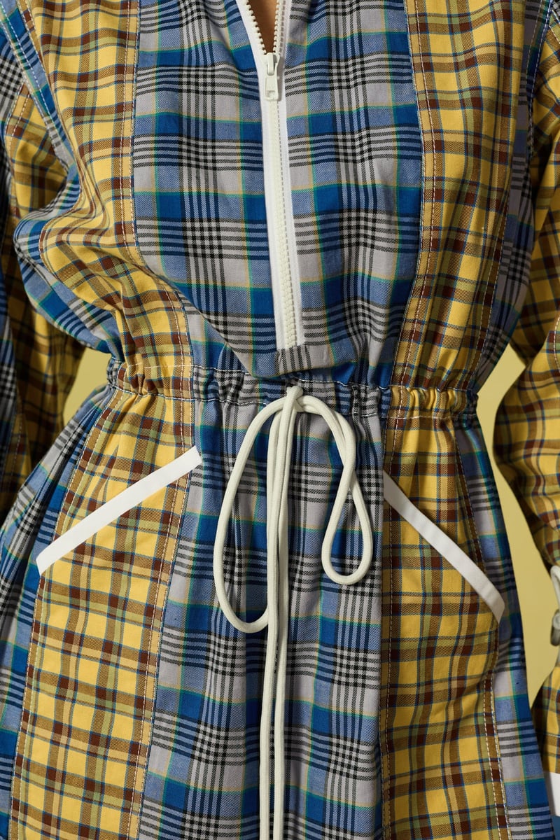 Yellow and Blue Checked Mini Shirt Dress with Half Zip