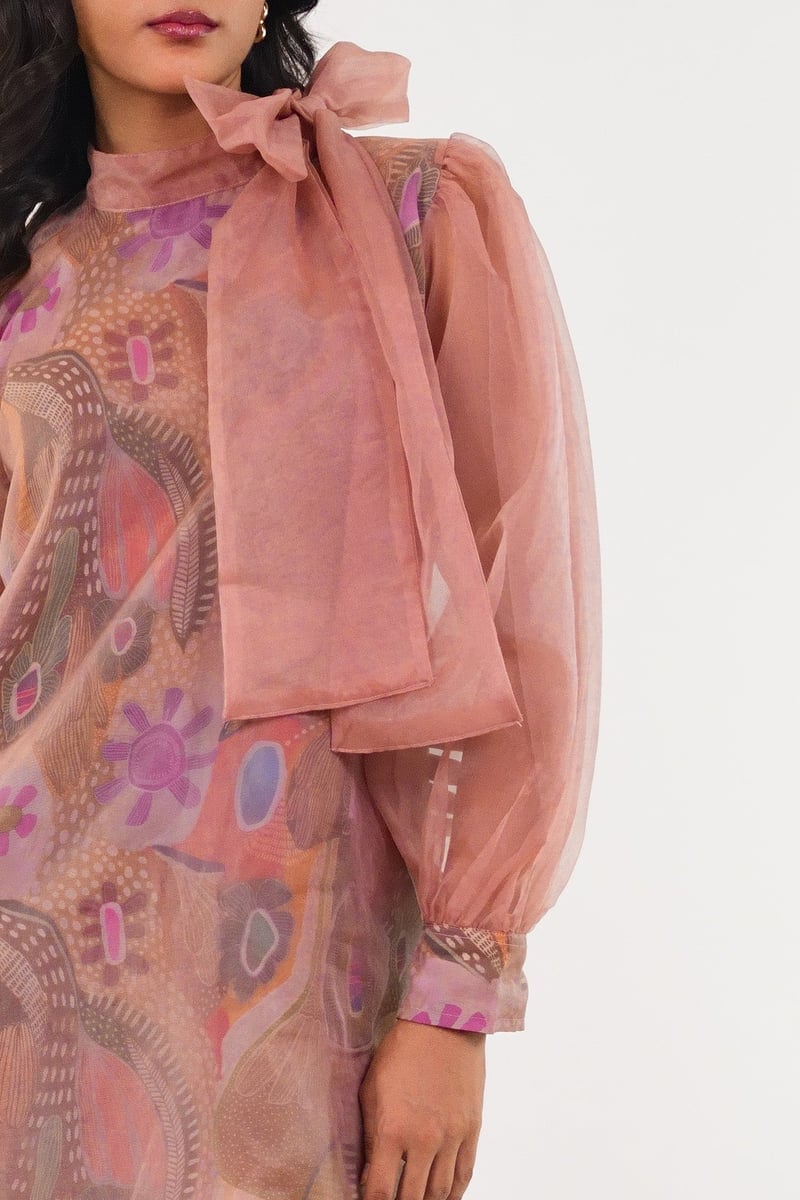 Pink Printed Organza Bow Mini Dress