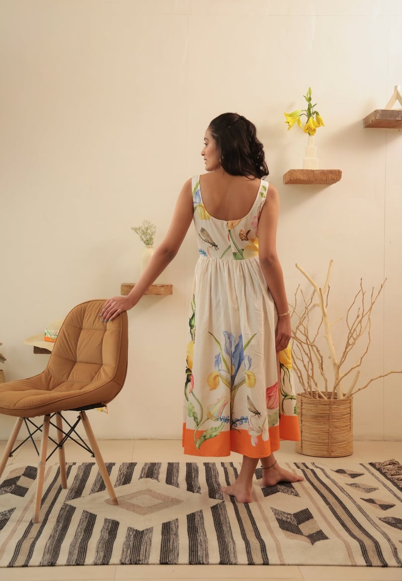 White Floral Square Neck Fit and Flare Midi Dress