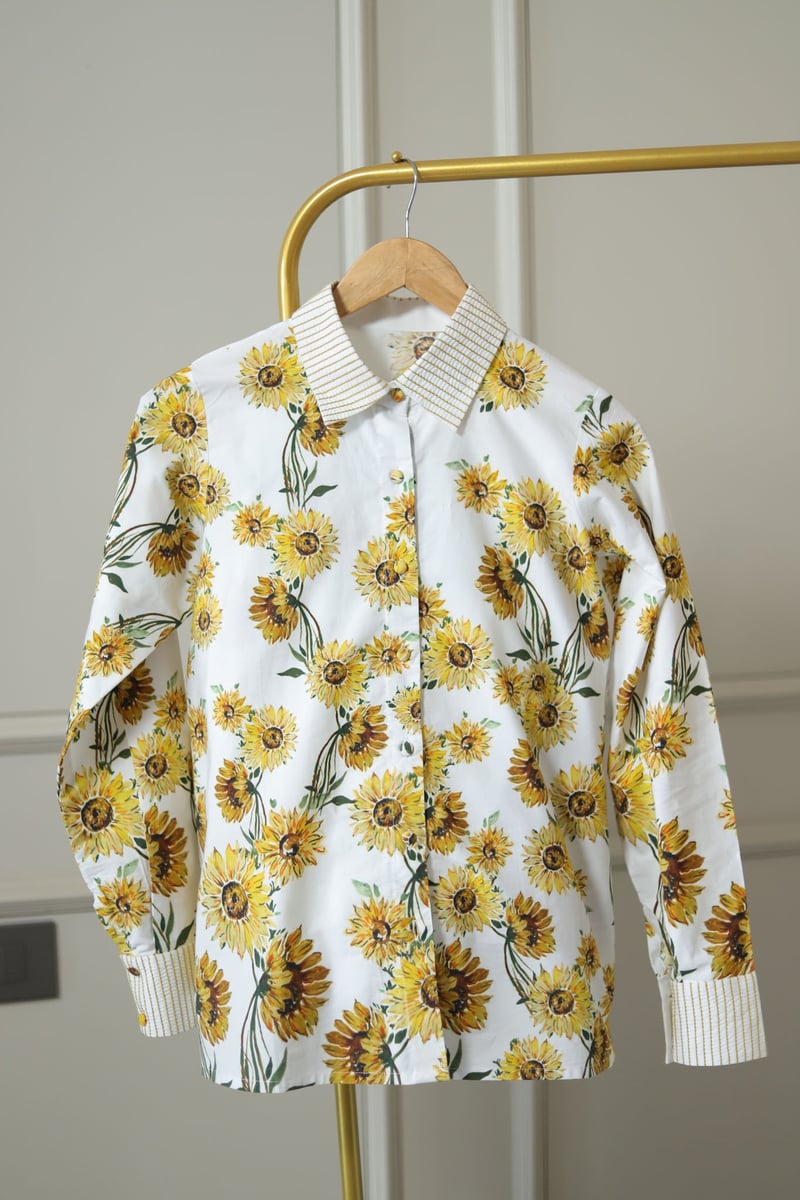 White Cotton Poplin Sunflower Print Shirt
