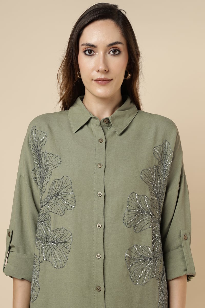 Green Longline Shirt with Sequin Foliage Motif