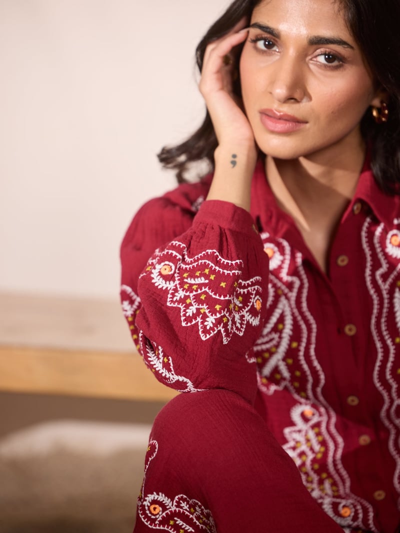 Maroon Embroidered Cotton Button-Down Shirt