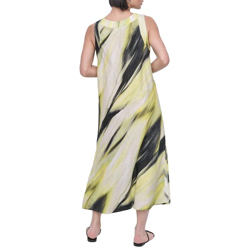 Linen Abstract Print Sleeveless V-Neck Midi Dress