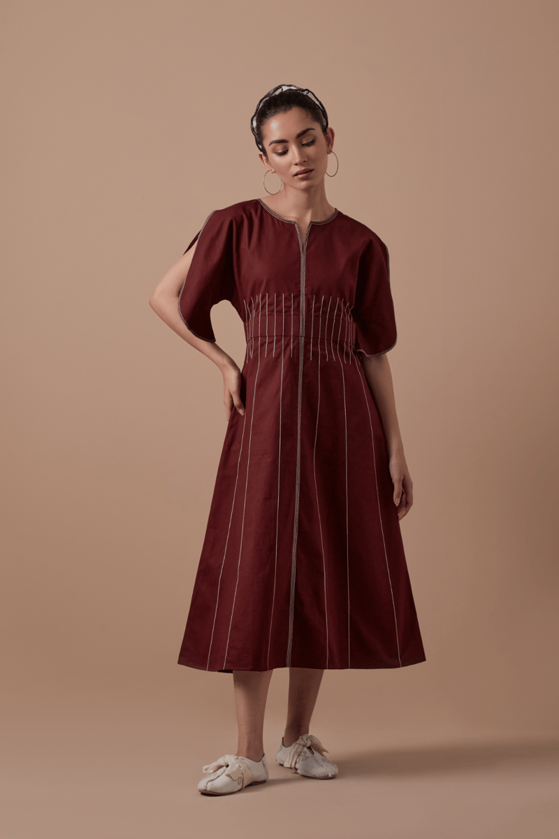 Maroon A-Line Midi Dress in Organic Cotton Twill