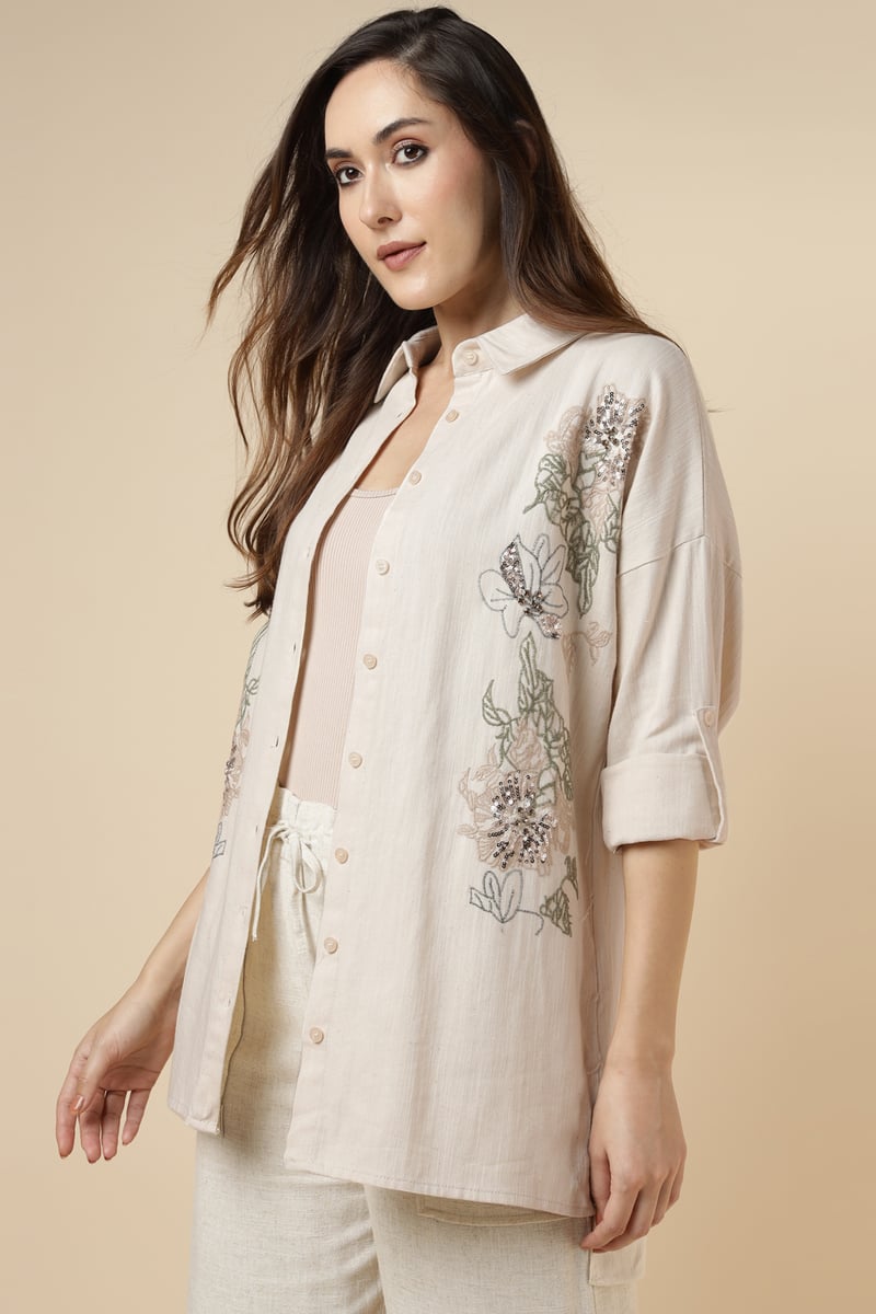 Natural Cotton Longline Embroidered Shirt