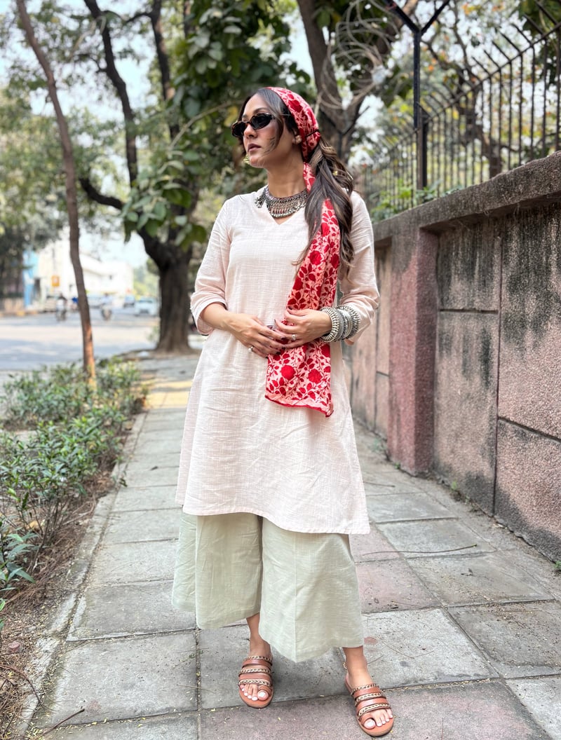 Pink V-Neck A-Line Kurta and Pant Set