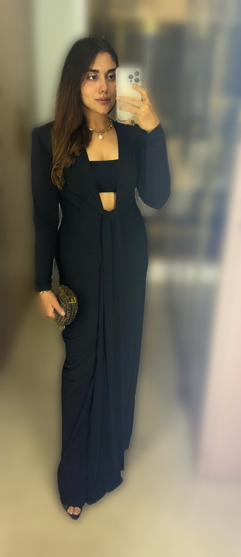 Black Plunging Neck Maxi Gown with Draped Front Panel