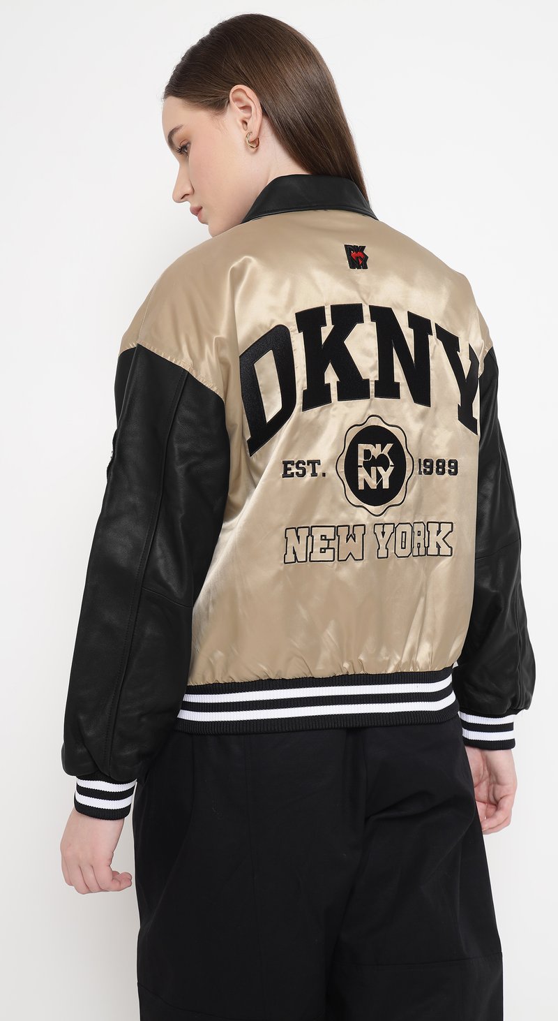 Beige and Black Colorblock Varsity Bomber Jacket