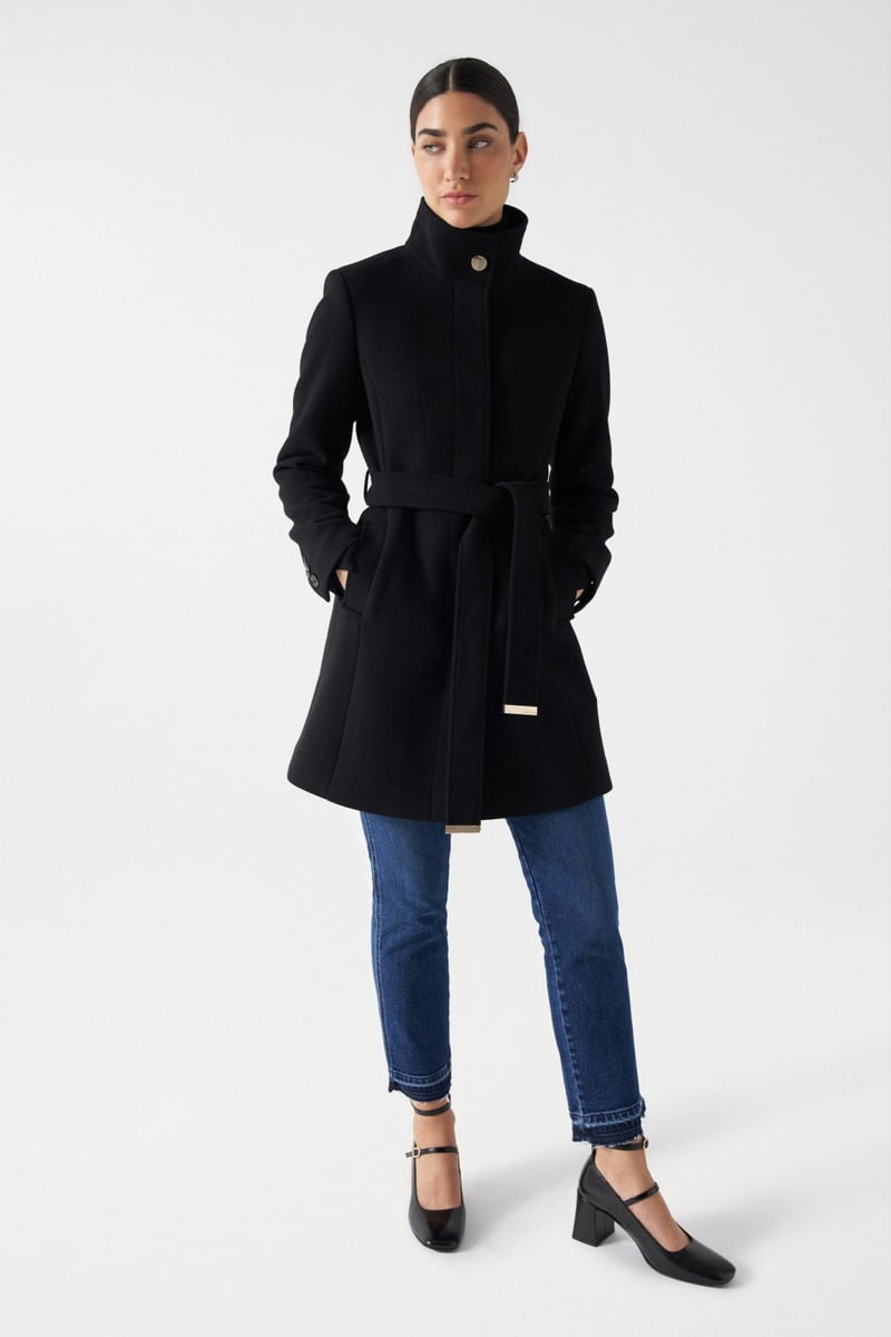 Black Tailored Wool-Blend Belted Coat
