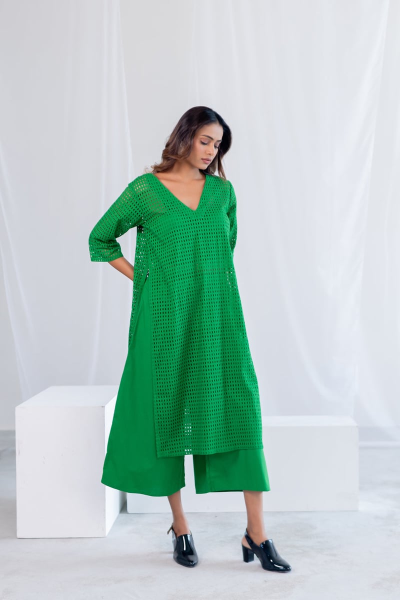 Emerald Green Schiffli Cutwork Kurta Set with Pants
