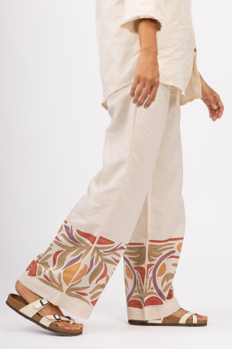 Off-White Cotton-Linen Wide-Leg Trousers with Painted Hem