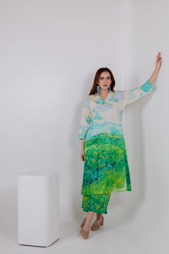 Multicolor Landscape Print Cambric Cotton Kurta Set