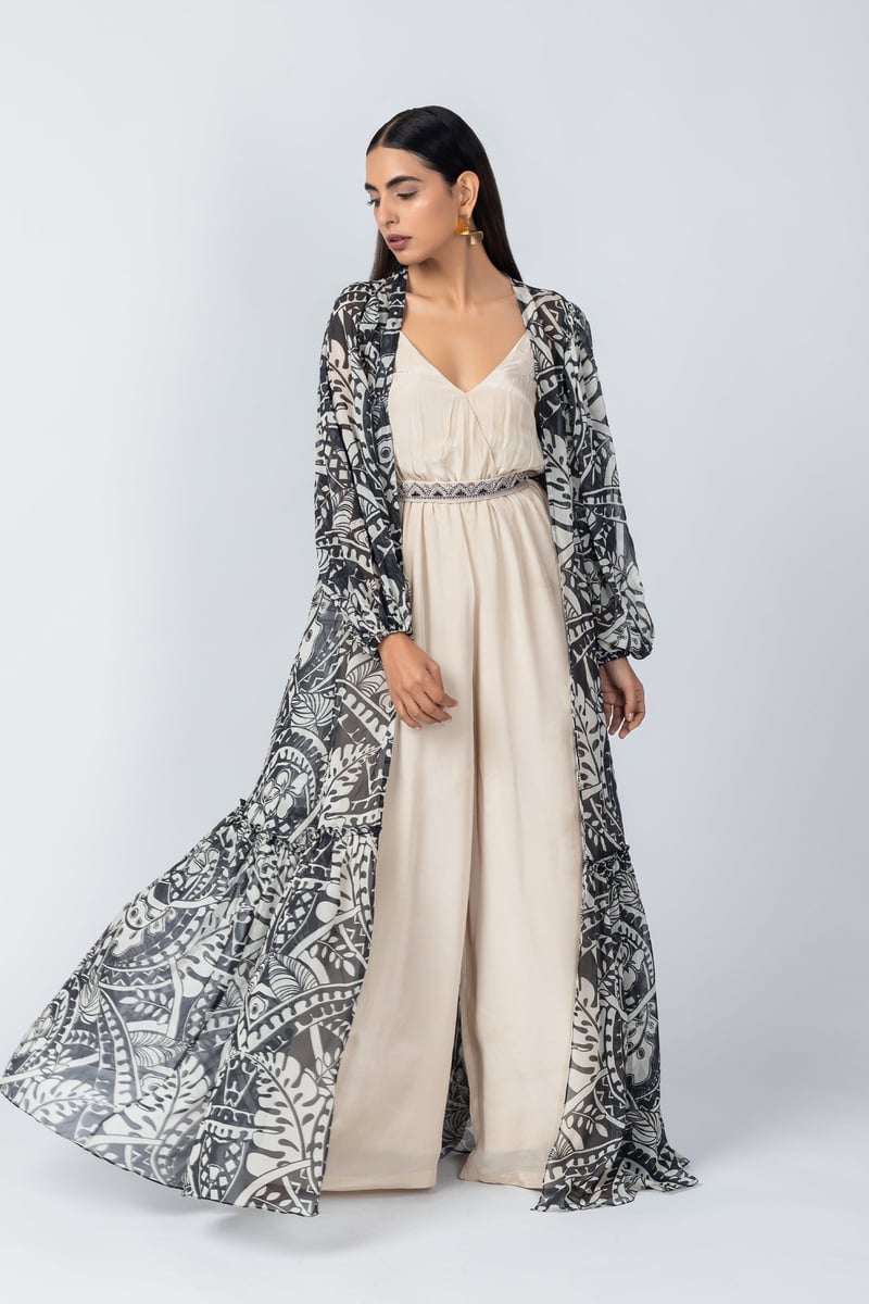 Champagne Jumpsuit with Abstract Printed Long Jacket