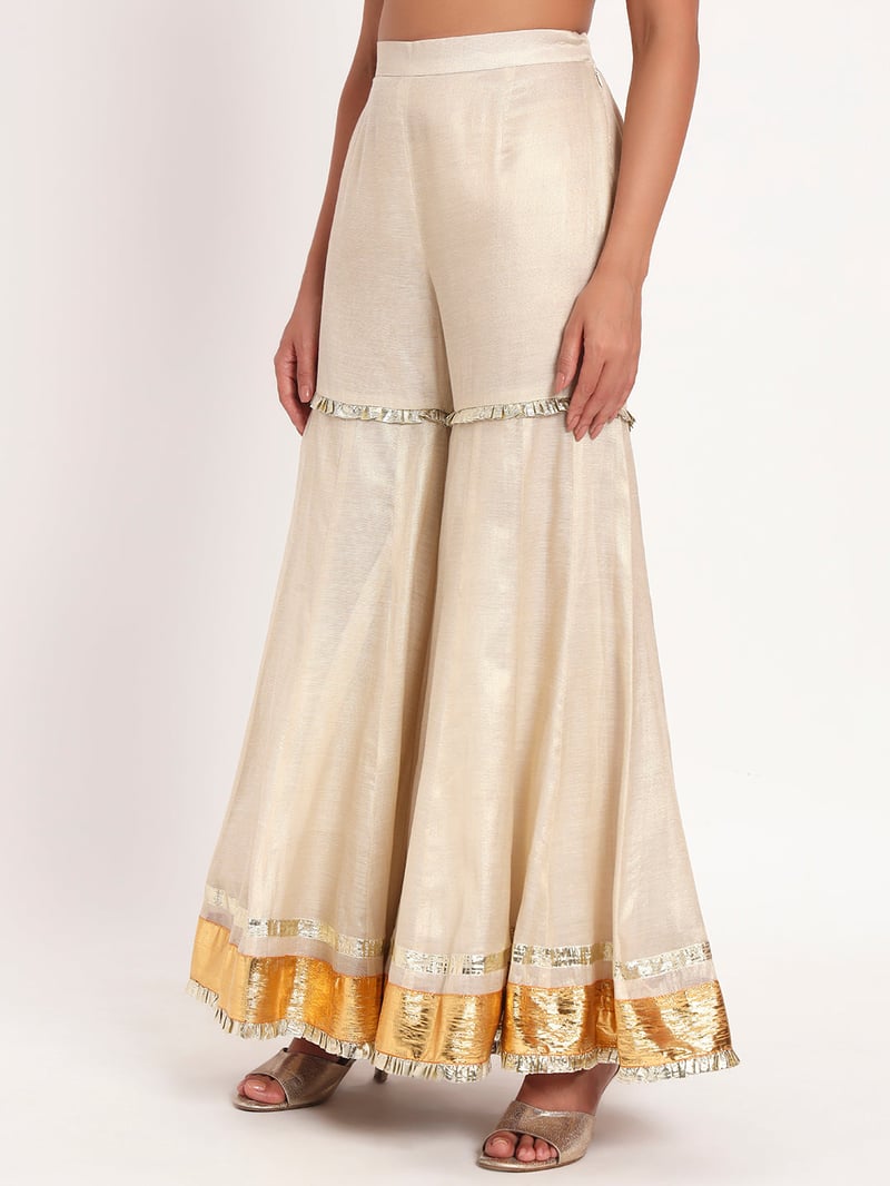 Golden Cotton Tissue Kurta Garara Set with Gotta Border