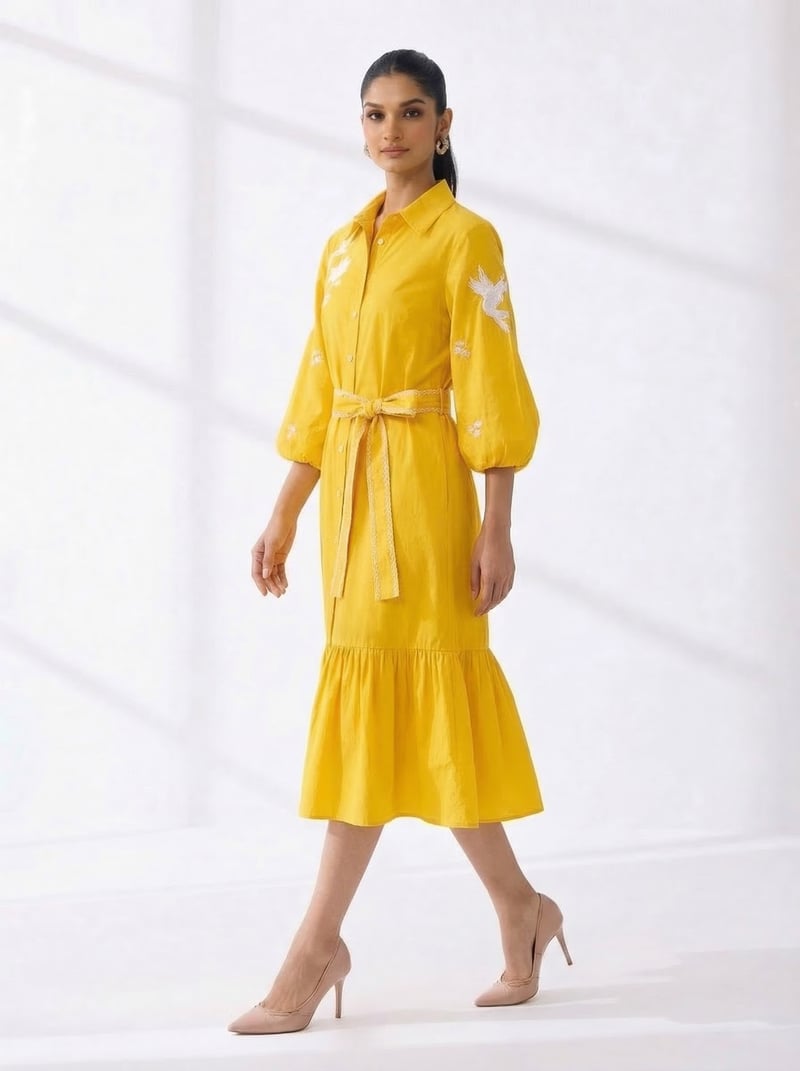 Sun Yellow Embroidered Belted Midi Shirt Dress