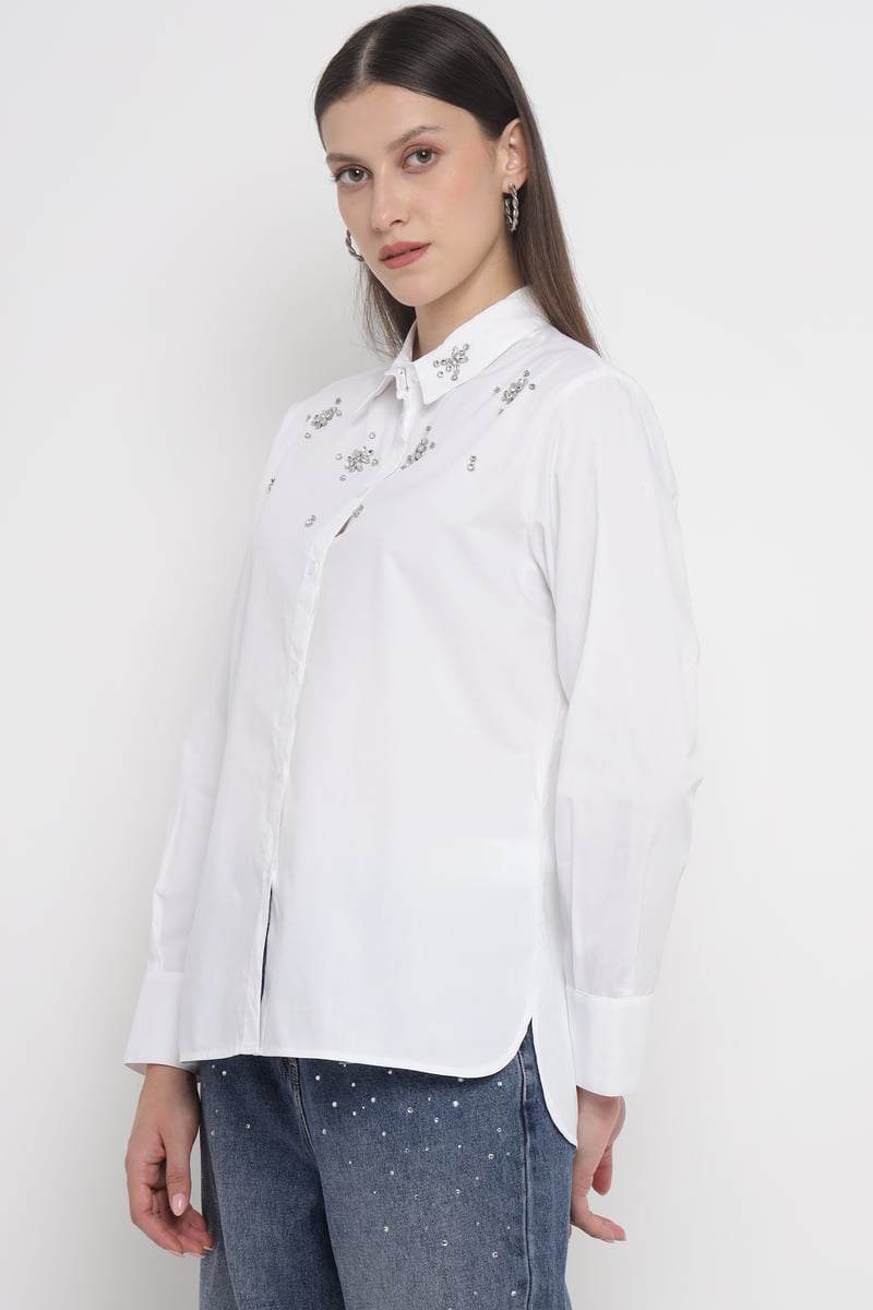 White Embellished Button-Down Cotton Shirt