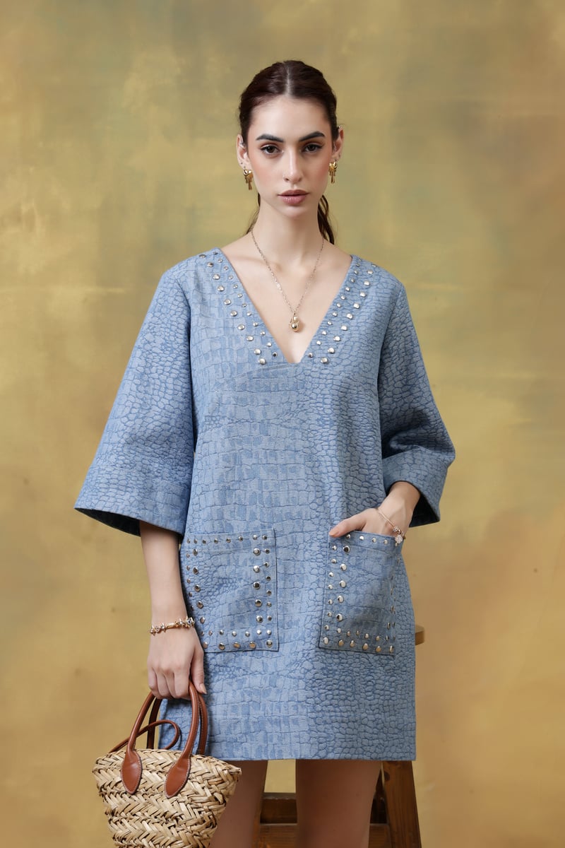 Medium Blue Textured Denim Mini Dress with Rivet Details