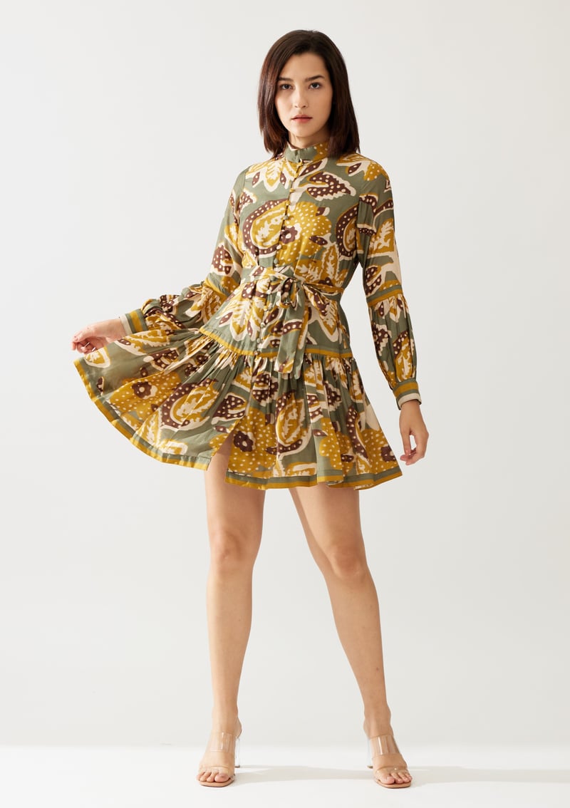 Olive And Mustard Floral Short Dress