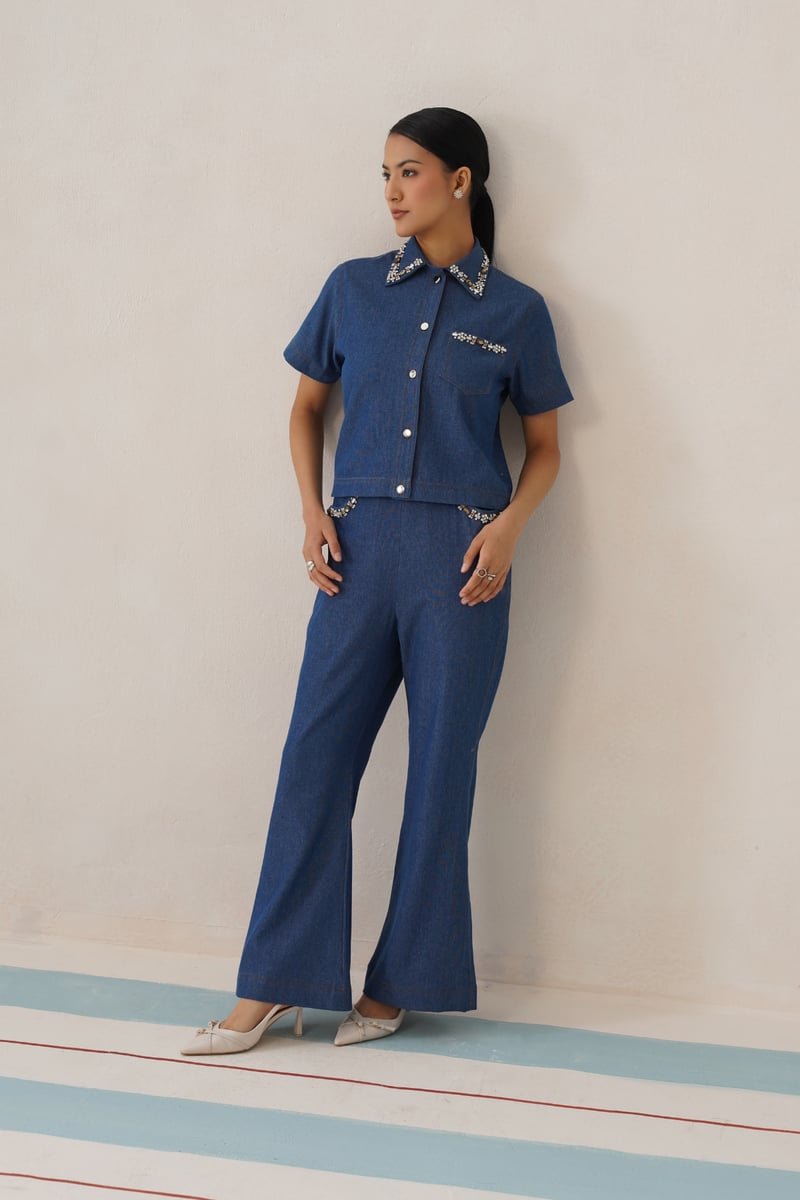 Blue Denim Embellished Collar Co-ord Set