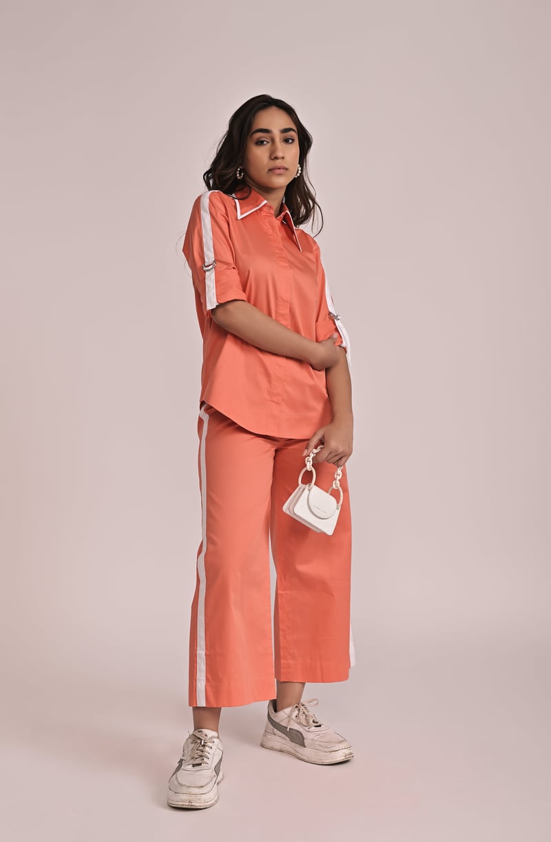 Orange Cotton Satin Shirt and Wide-Leg Pants Co-ord Set
