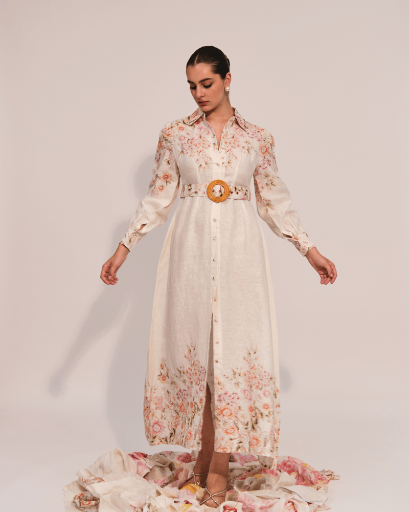 Apricot Floral Linen Belted Midi Shirt Dress