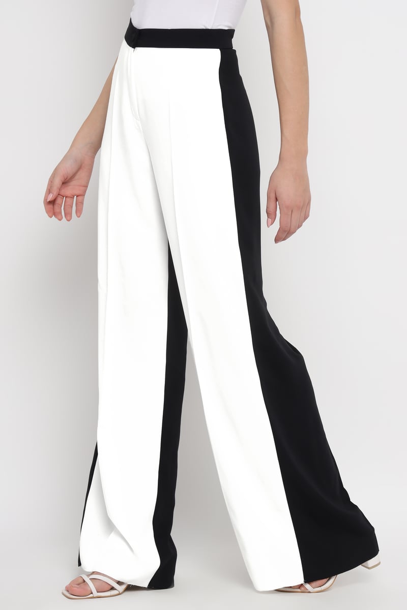White/Black High-Rise Wide-Leg Colorblock Trousers