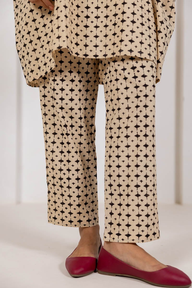 Beige Block Print Kaftan Top and Pants Co-ord Set