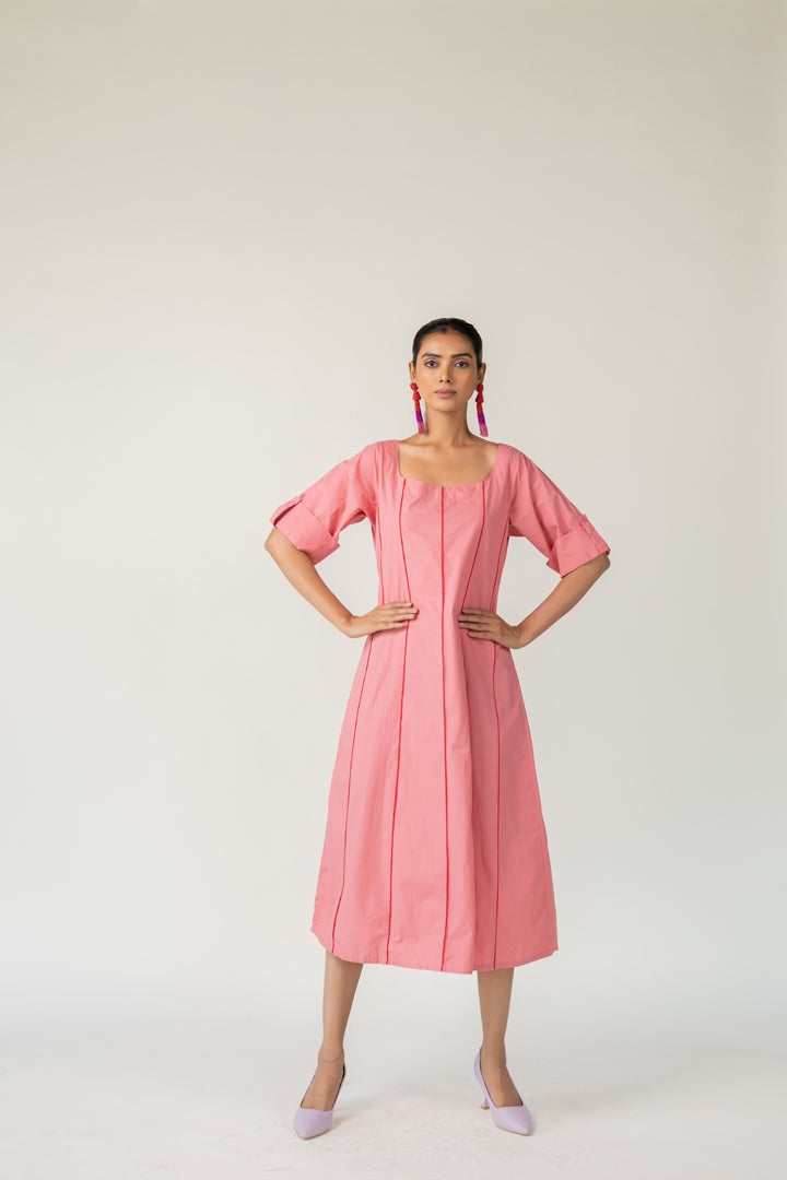 Blush Pink Poplin A-Line Midi Dress with Square Neck