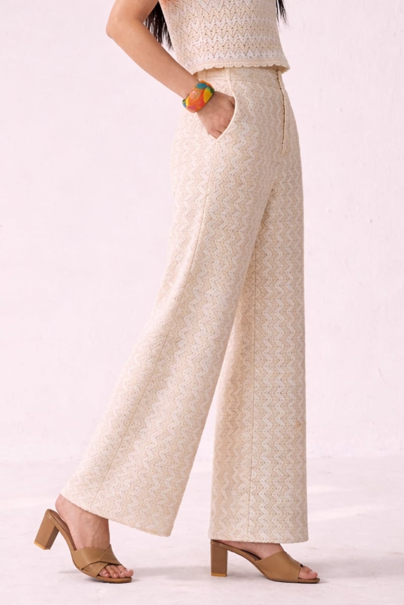 Beige Cotton Mesh Wide-Leg Trousers with Zigzag Texture