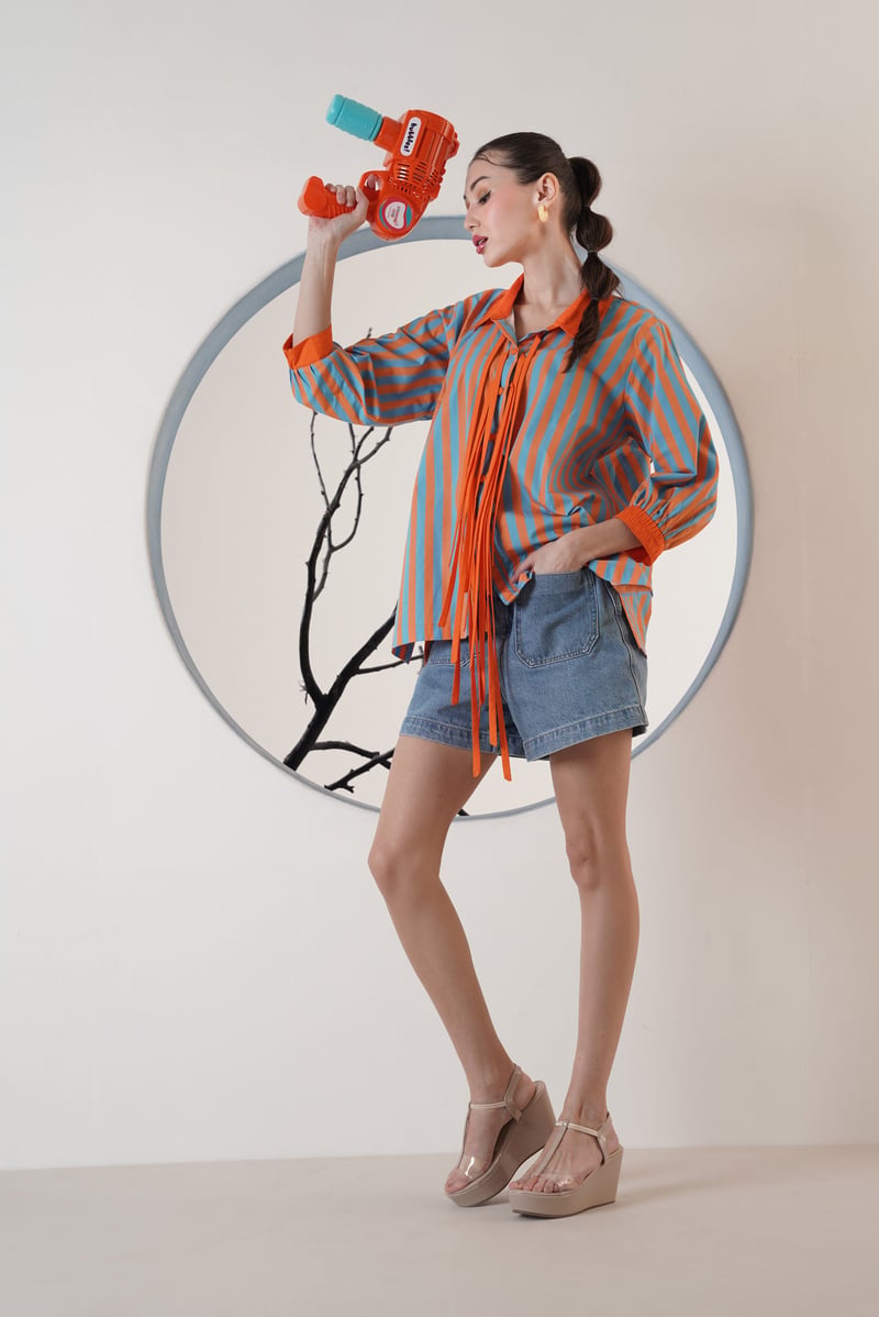 Blue and Orange Striped Tie-Front Collared Shirt