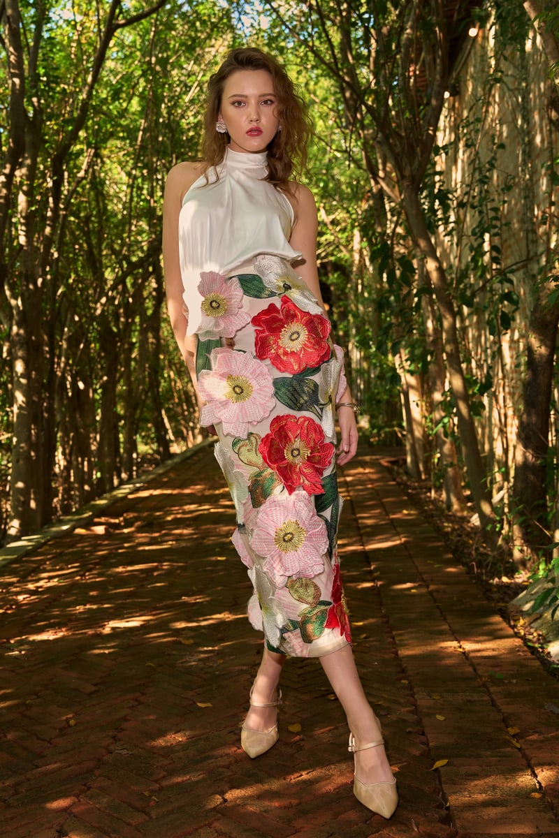 Ivory Satin Halter Top and 3D Floral Midi Skirt Co-ord Set
