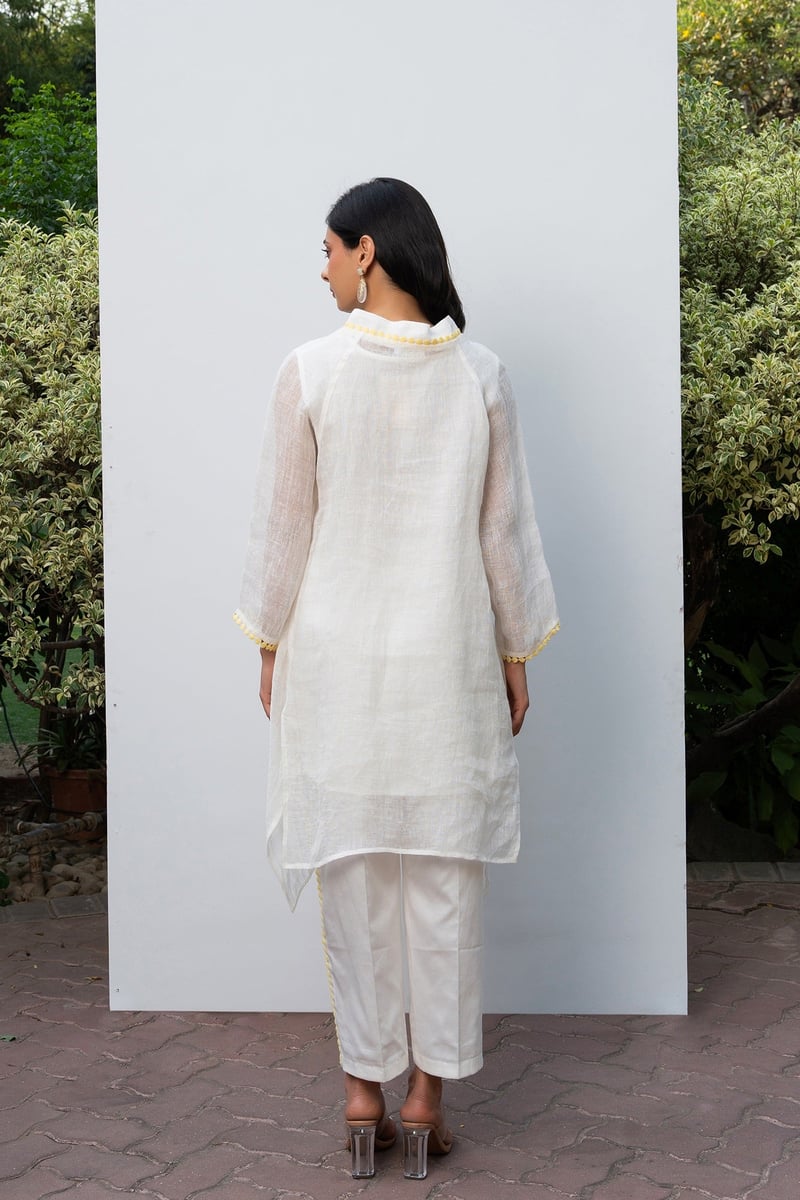 White and Yellow Linen Asymmetric Tunic Co-ord Set