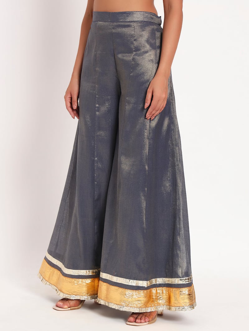 Grey-Blue Cotton Tissue Sharara Kurta Set with Dupatta