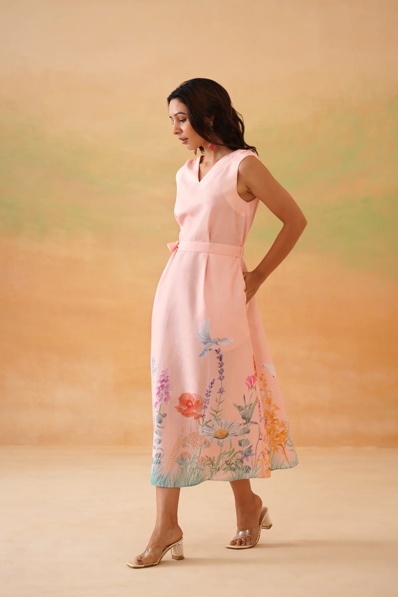 Peach V-Neck Sleeveless Midi Dress with Waist Tie