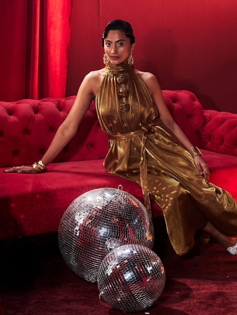 Antique Gold Metallic Halter Jumpsuit with Rosette Detail