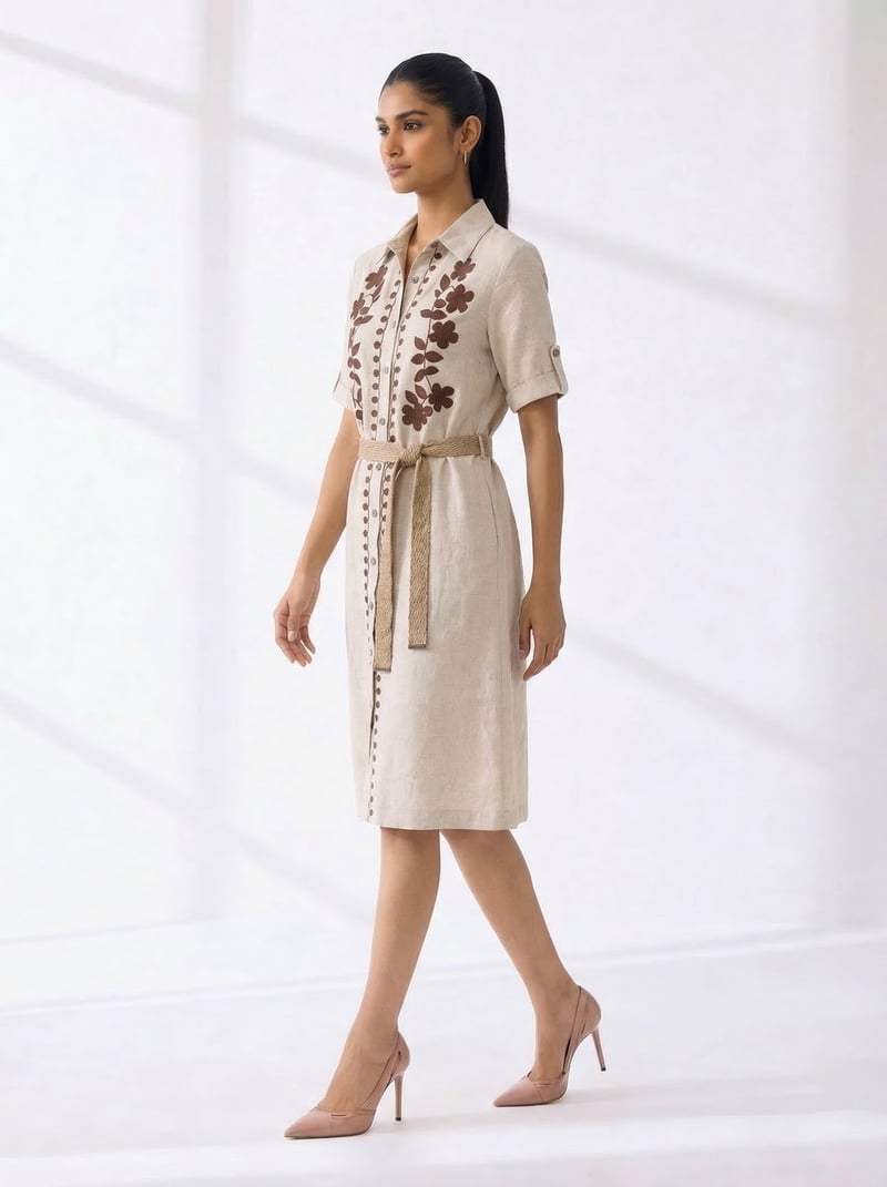 Natural Cotton Embroidered Belted Shirt Dress