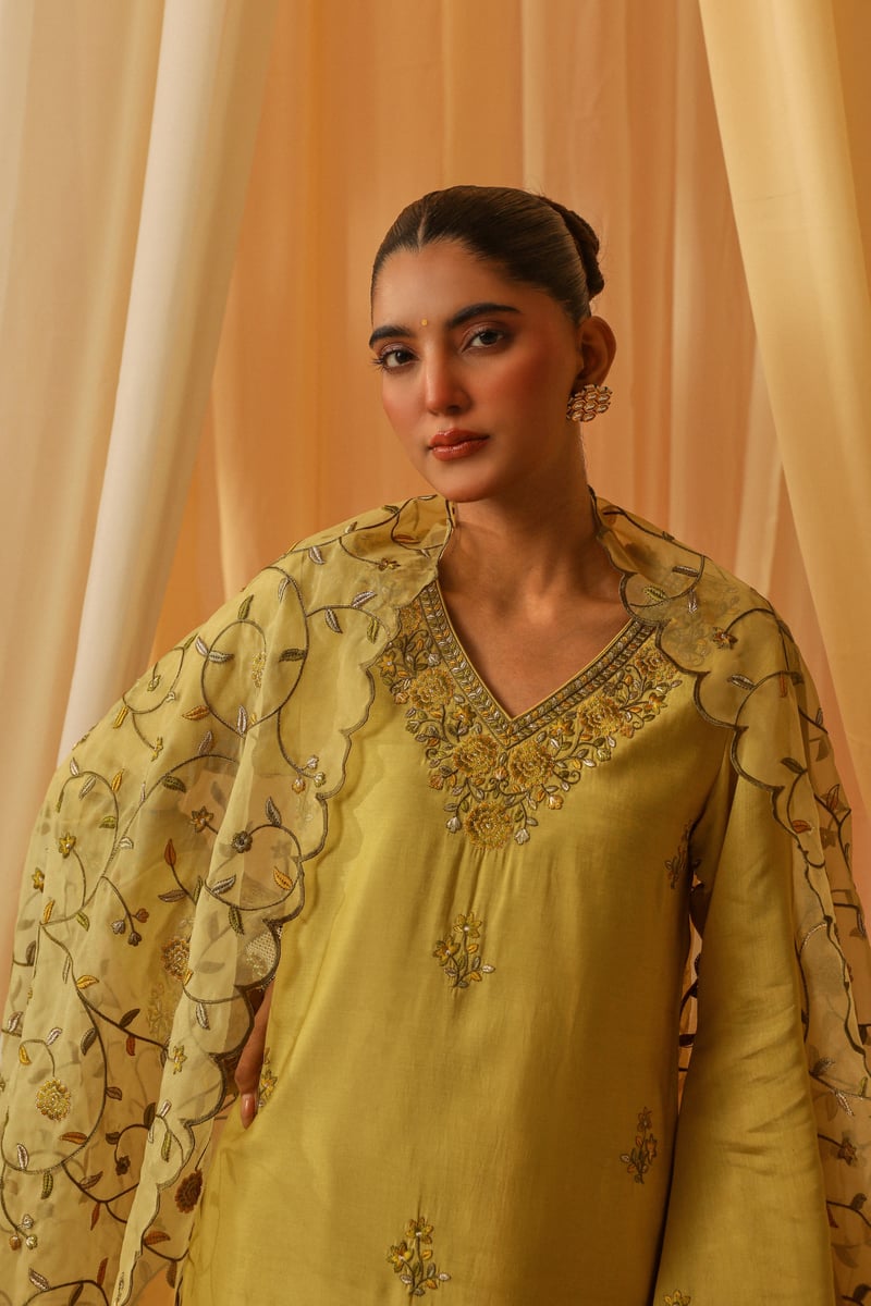 Yellow Chanderi Embroidered Kurta Set With Organza Dupatta